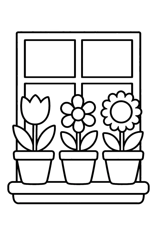 Dessin à colorier de fleurs en pots sur une fenêtre