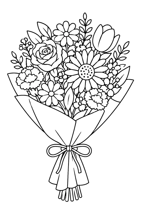 Coloriage d’un bouquet de fleurs emballé