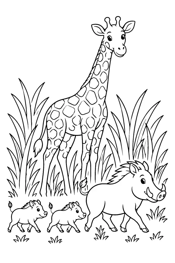 Giraffe And Warthogs