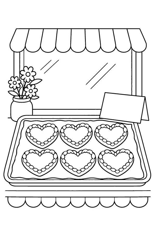 Dessin à colorier de vitrine aux biscuits en cœur