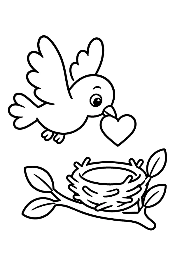 Dessin à colorier d’oiseau portant un cœur vers son nid