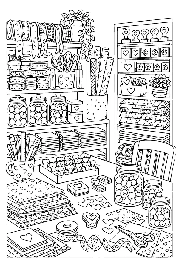 Dessin à colorier d’atelier de bricolage aux cœurs