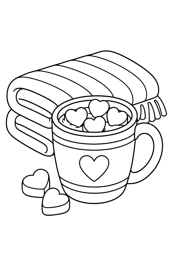 Dessin à colorier de mug de cacao aux guimauves en cœur