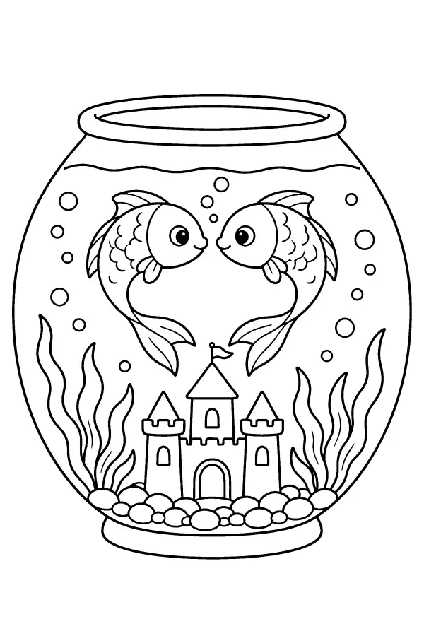 Dessin à colorier de poissons formant un cœur dans un bocal