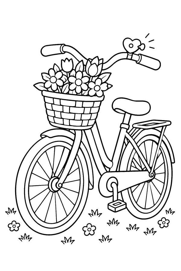 Coloriage de vélo au panier fleuri et sonnette cœur