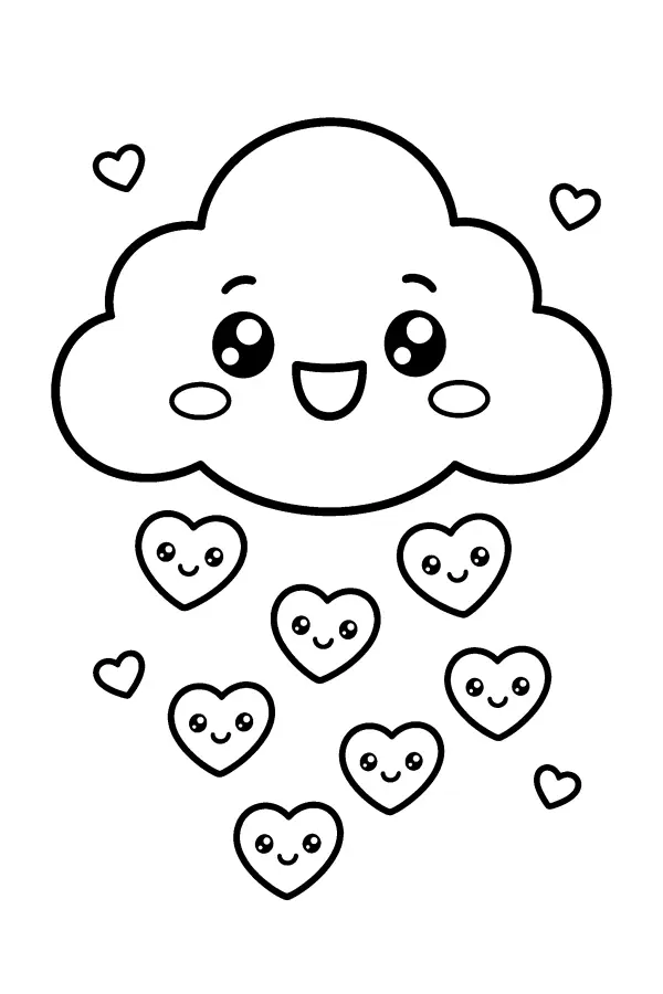 Coloriage de nuage qui fait pleuvoir des cœurs