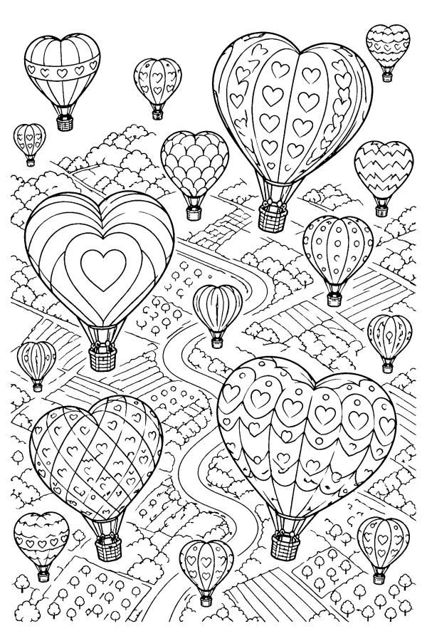 Coloriage détaillé de festival de ballons en cœur