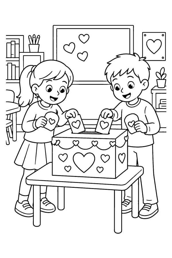 Coloriage d’enfants déposant des cartes en cœur