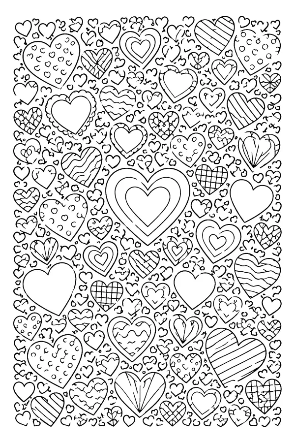 Coloriage détaillé de mosaïque de cœurs variés