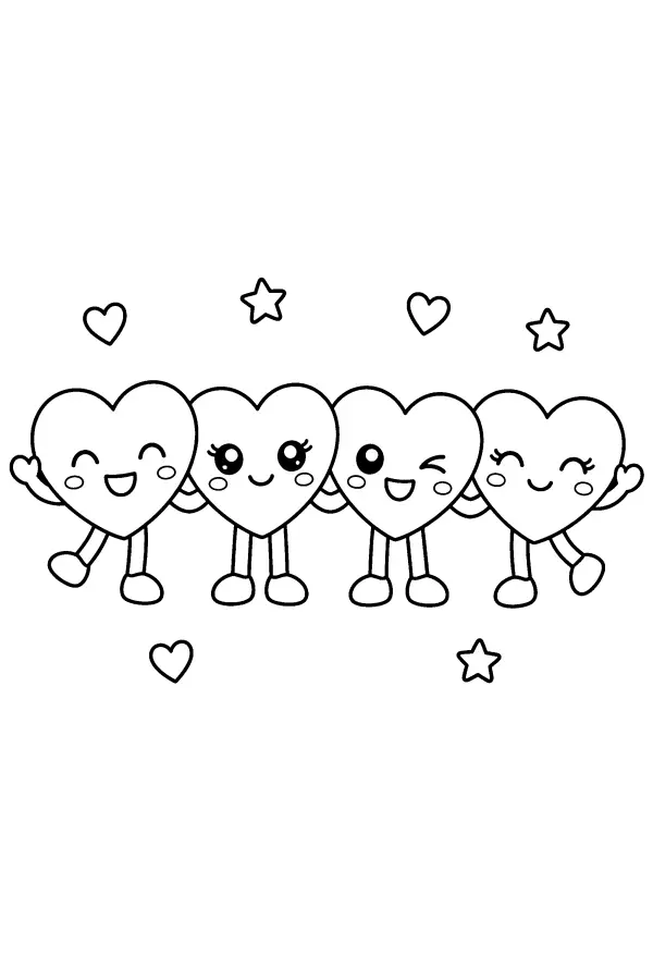Coloriage de quatre cœurs amis en rangée