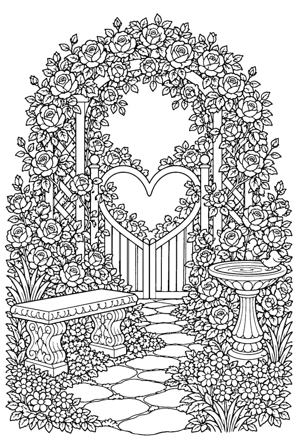 Coloriage détaillé de tonnelle de jardin en forme de cœur
