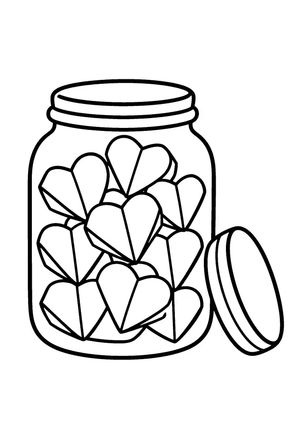 Coloriage de bocal rempli de cœurs en papier