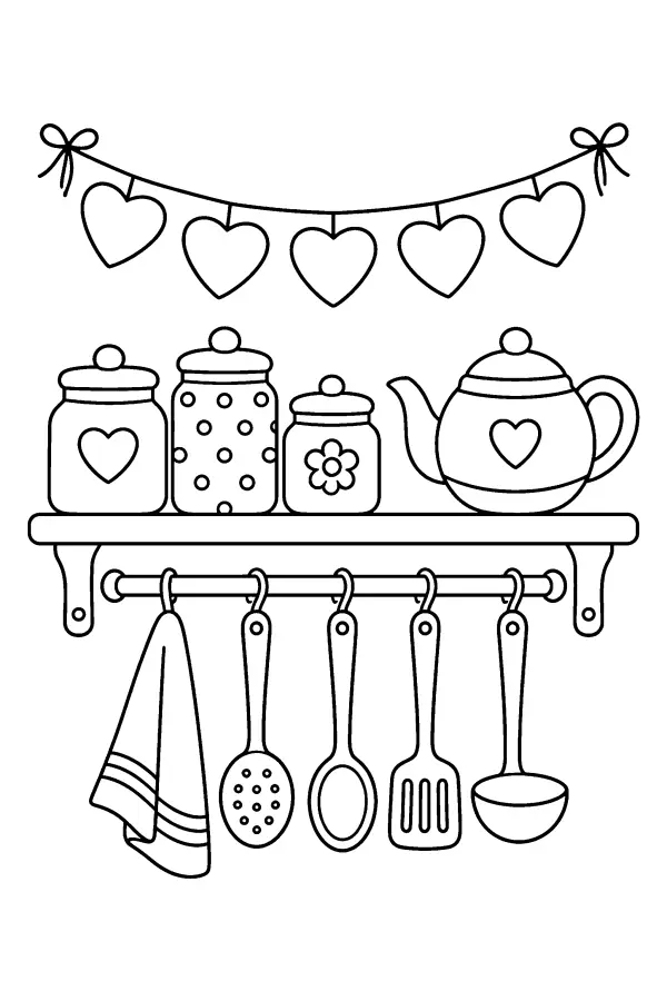Coloriage d’étagère de cuisine décorée de cœurs