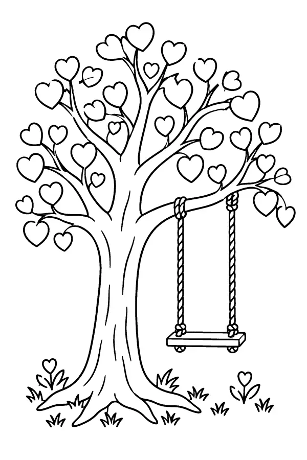 Coloriage d’arbre aux feuilles en forme de cœur