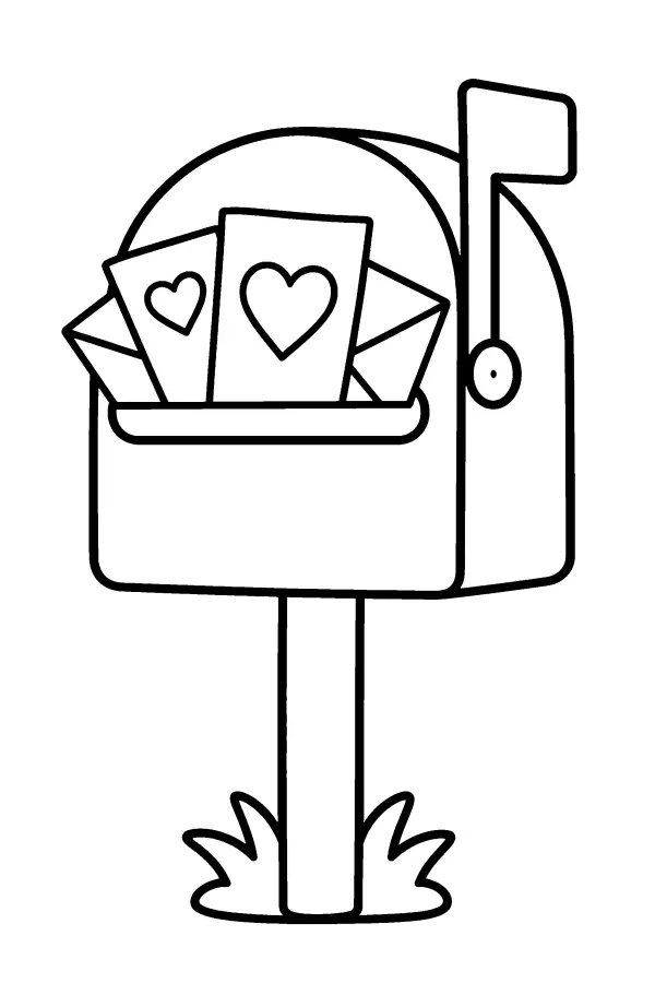 Dessin à colorier de boîte aux lettres remplie de cœurs