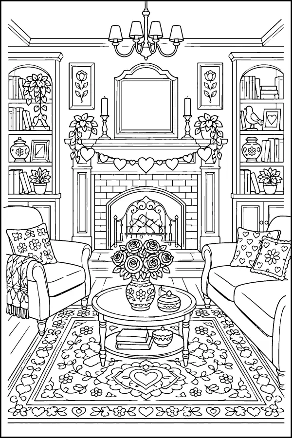 Coloriage détaillé de salon décoré de cœurs