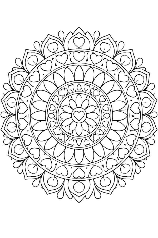 Coloriage détaillé de mandala de cœurs et pétales