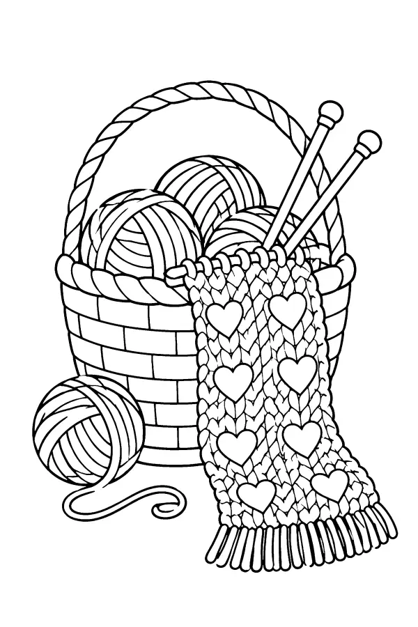 Coloriage de panier de tricot à motifs de cœurs