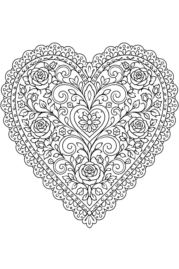 Dessin à colorier de cœur orné de roses et volutes