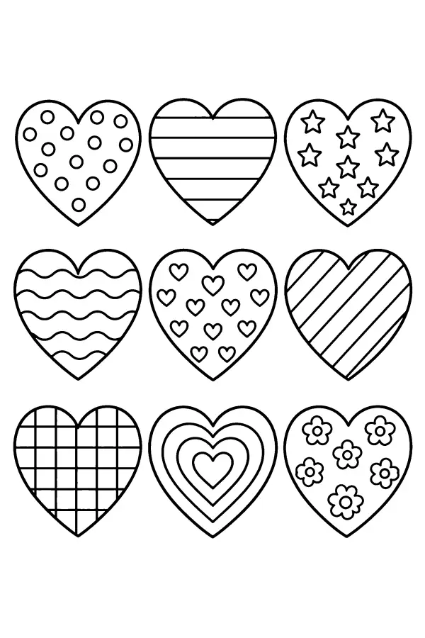 Coloriage de grille de cœurs remplis de motifs