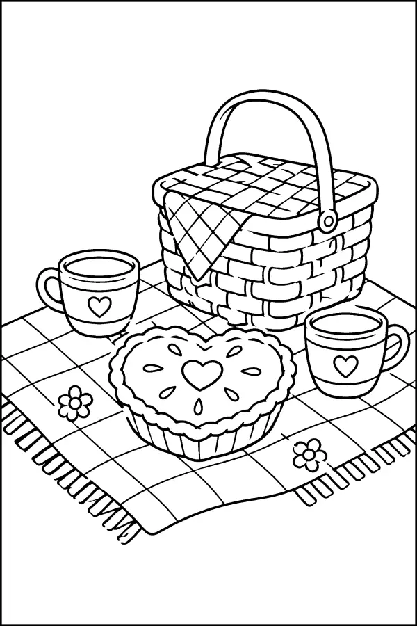 Coloriage de pique-nique avec tarte en forme de cœur