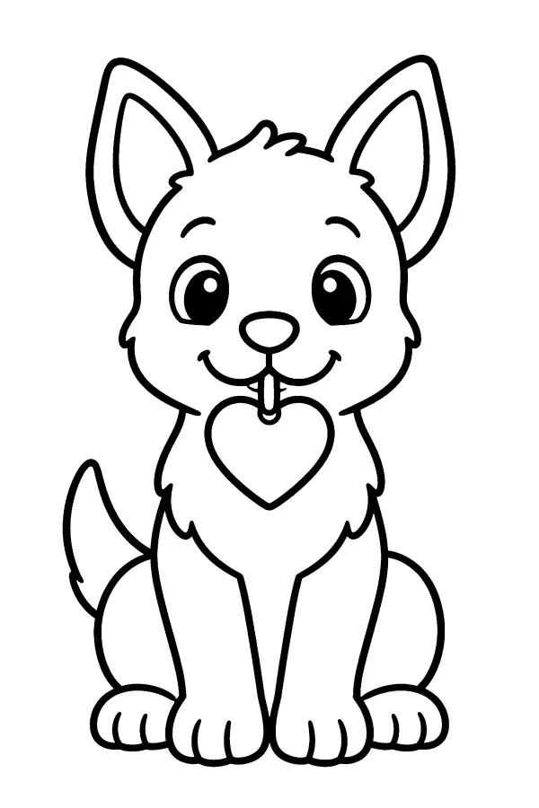 Coloriage de chiot tenant une médaille en cœur
