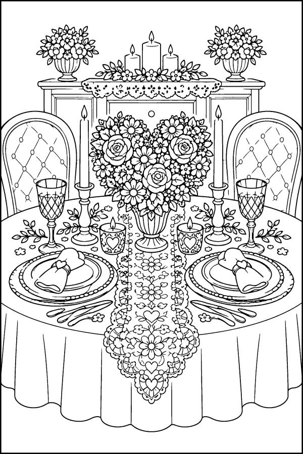 Coloriage détaillé de table dressée décorée de cœurs