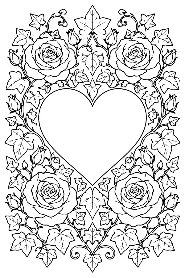 Coloriage détaillé de cadre de roses autour d’un cœur