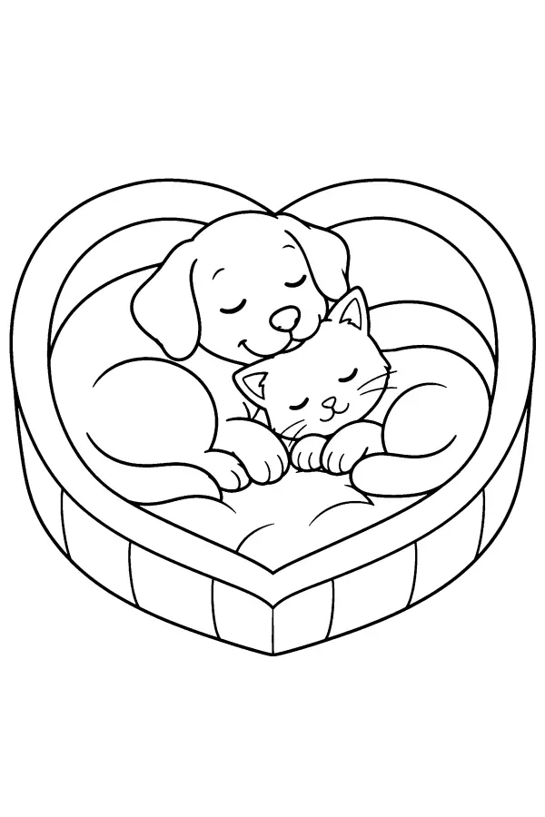 Dessin à colorier de chien et chat dans un panier cœur