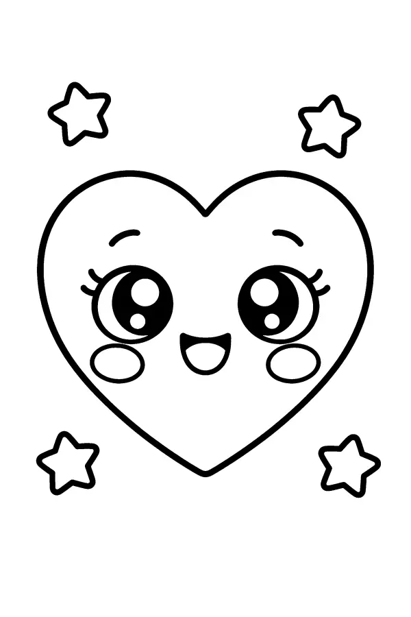 Coloriage facile de cœur souriant entouré d’étoiles