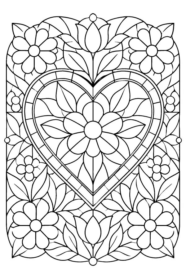 Dessin à colorier de cœur en style vitrail