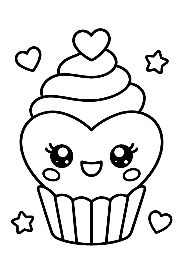 Coloriage de cupcake en forme de cœur souriant