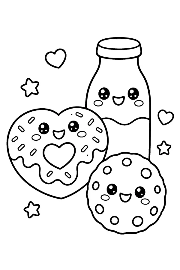 Dessin à colorier de trio gourmand en forme de cœur
