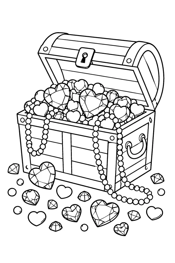 Coloriage de coffre au trésor rempli de cœurs