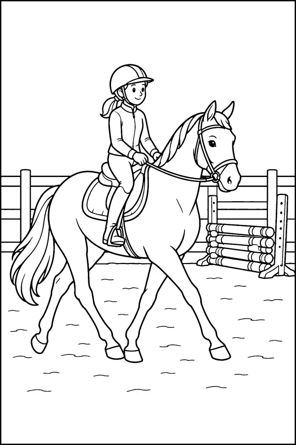 Coloriage d’un cavalier au trot dans une carrière