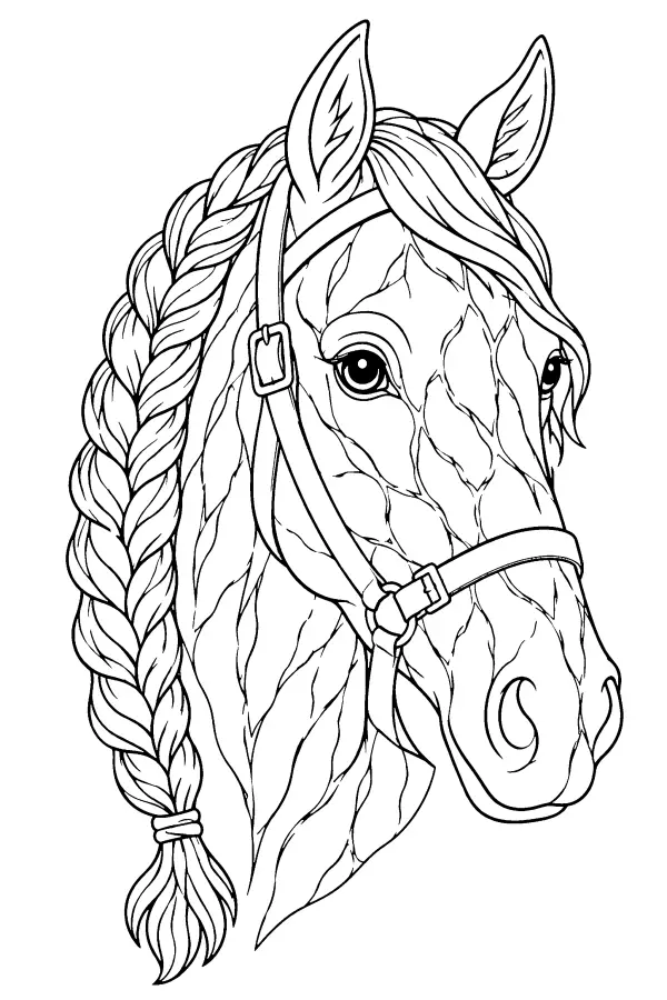 Coloriage détaillé d’une tête de cheval à crinière tressée