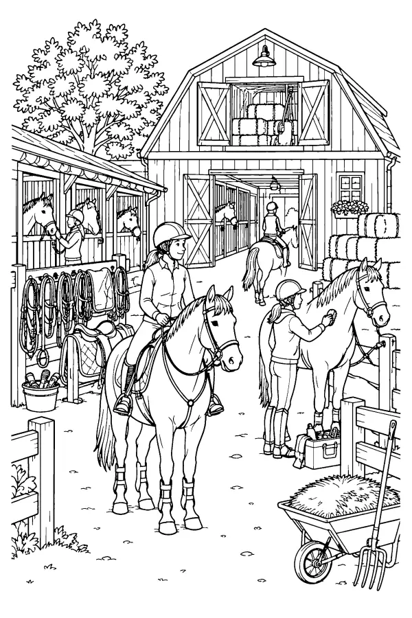 Coloriage détaillé d’une cour d’écurie animée