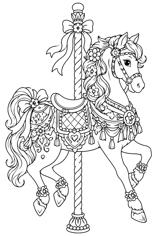 Coloriage détaillé d’un cheval de manège sculpté