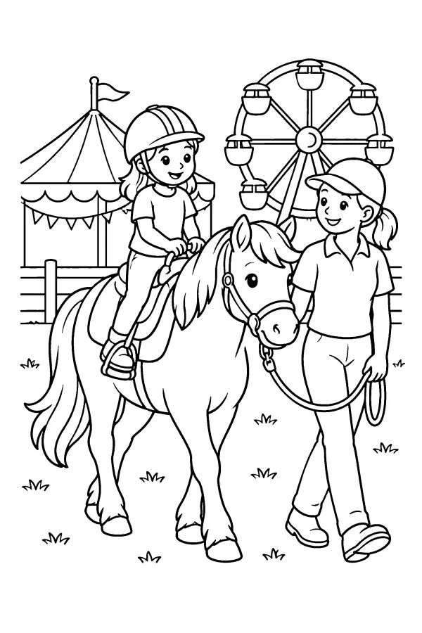 Dessin à colorier d’un tour de poney à la fête