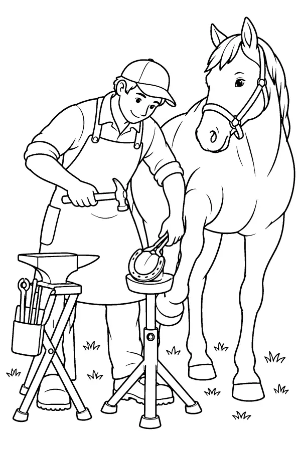 Dessin à colorier d’un maréchal-ferrant ferrant un cheval
