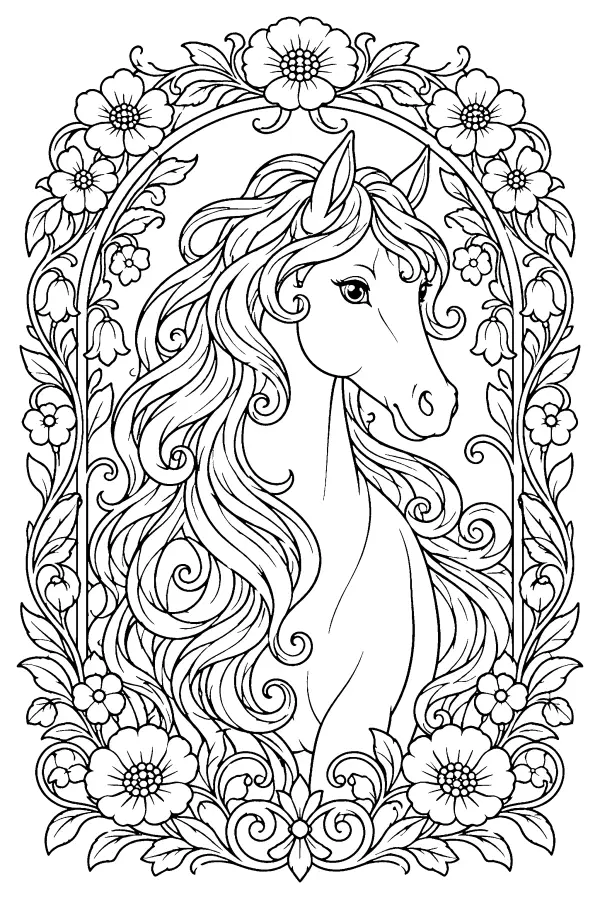 Coloriage détaillé d’un cheval sous une arche de fleurs