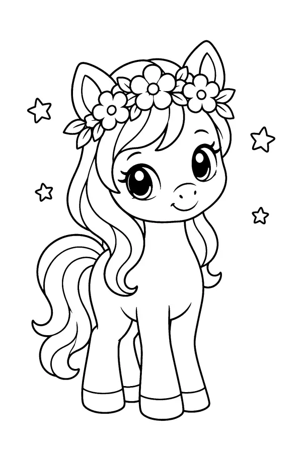 Dessin à colorier d’un poney à la couronne de fleurs
