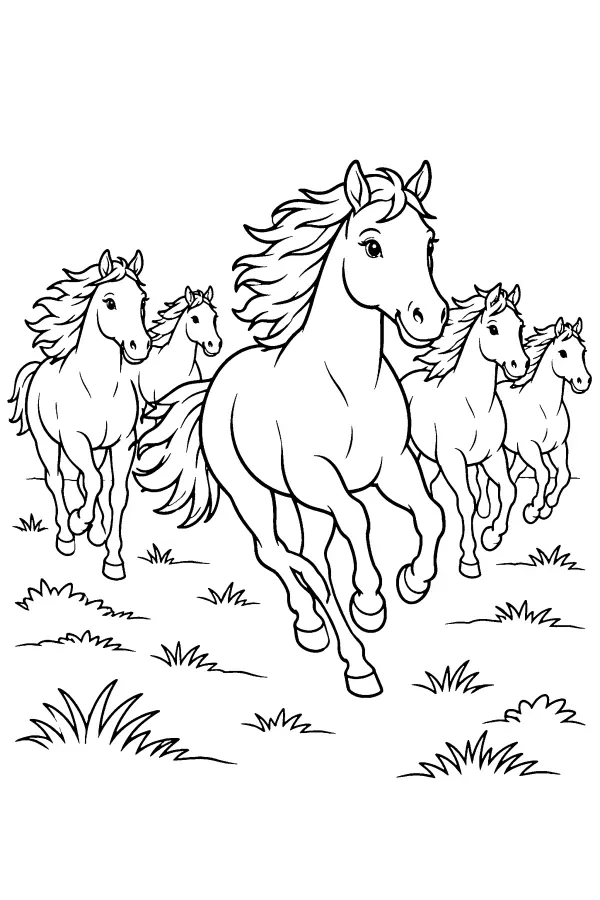 Coloriage cheval d’un troupeau au galop dans la plaine