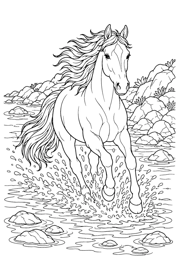 Coloriage détaillé d’un cheval galopant dans l’eau