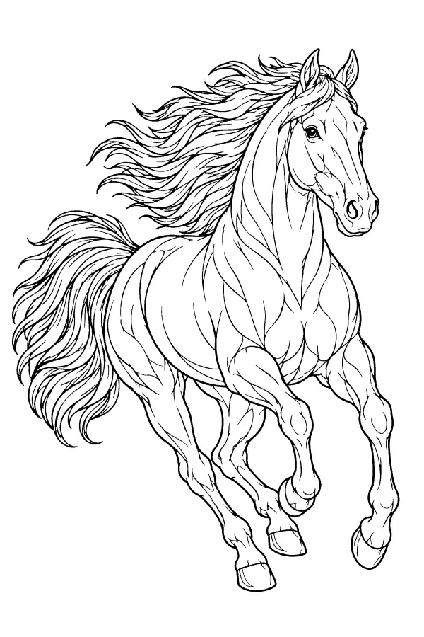 Coloriage détaillé d’un étalon au grand galop