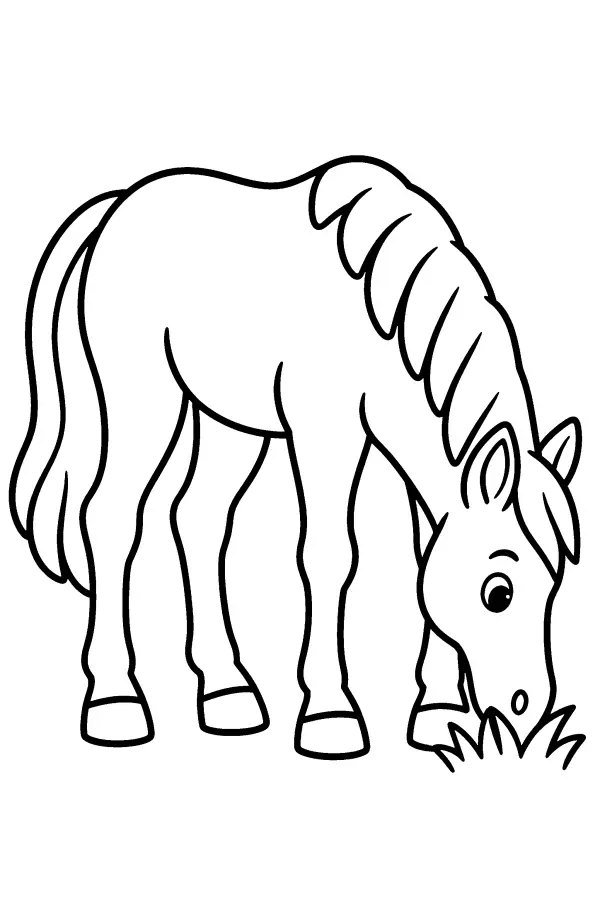 Coloriage facile d’un cheval qui broute l’herbe