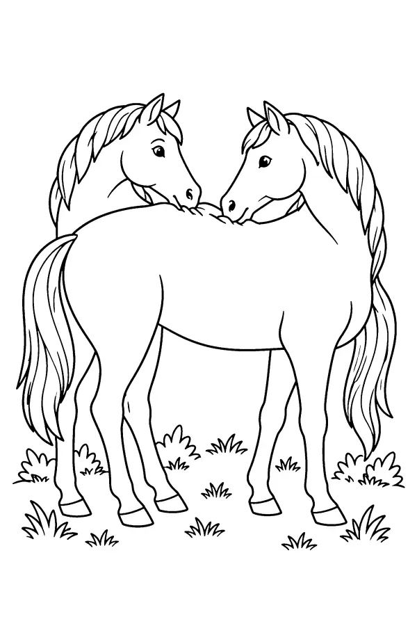 Coloriage cheval de deux compagnons qui se toilettent