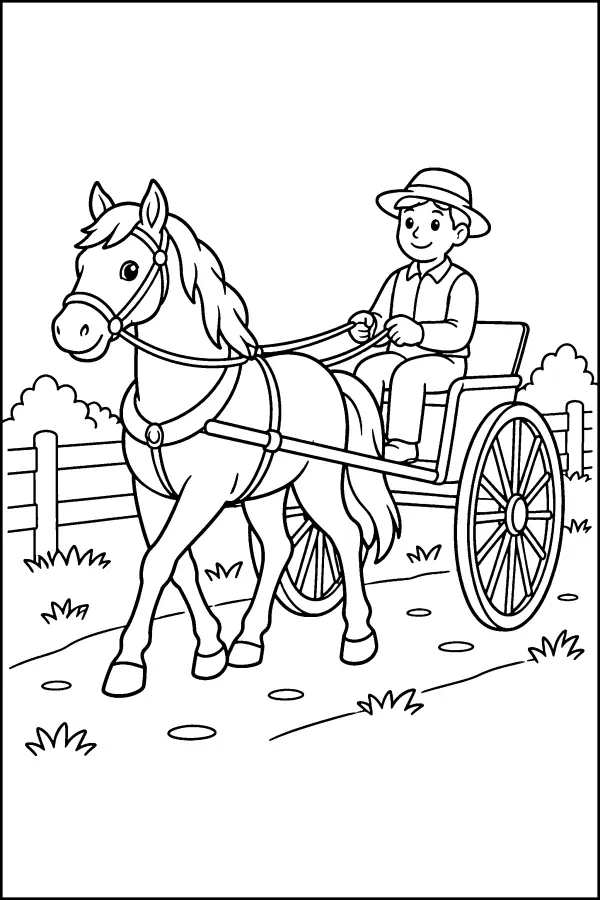 Dessin à colorier d’un cheval tirant une charrette