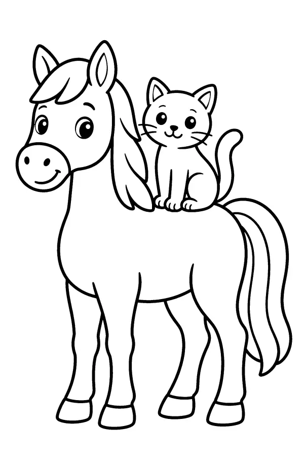 Coloriage d’un cheval avec un chat sur le dos