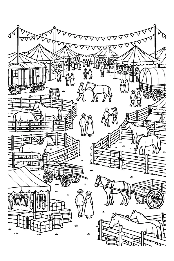 Coloriage cheval d’une foire animée avec enclos et tentes